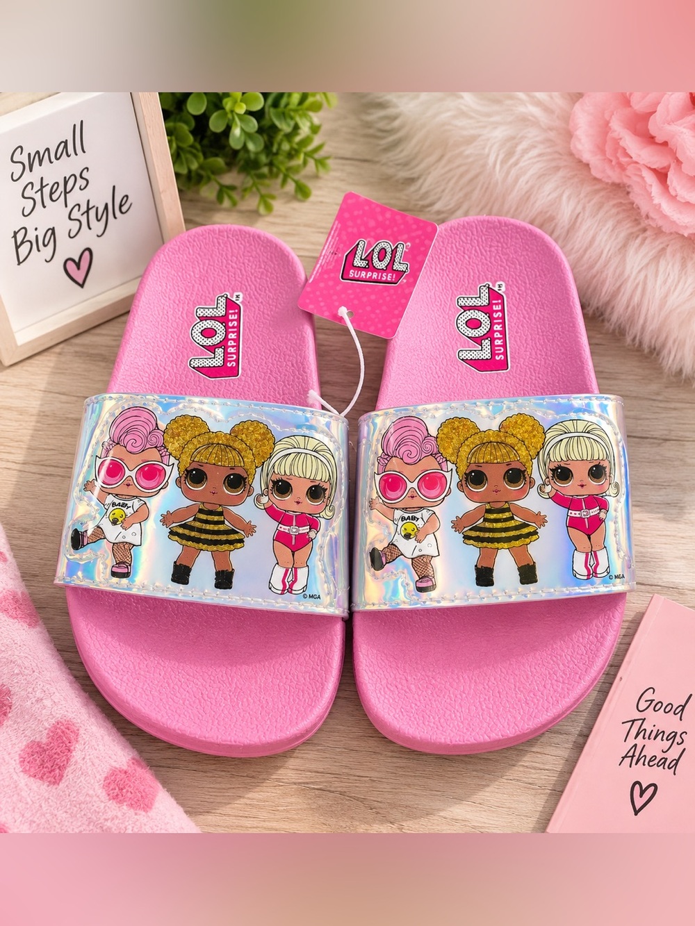 L.O.L. Surprise! Pink Holographic Strap Slide Sandals with Character Print